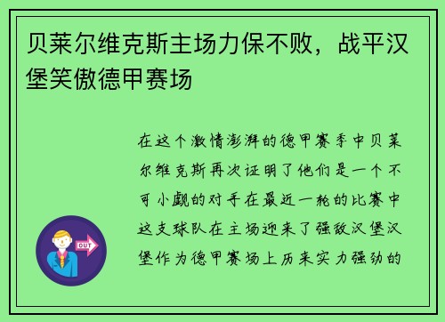 贝莱尔维克斯主场力保不败，战平汉堡笑傲德甲赛场