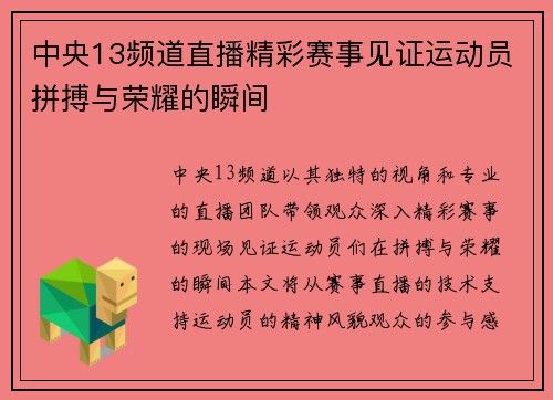 中央13频道直播精彩赛事见证运动员拼搏与荣耀的瞬间